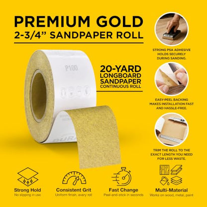 Dura-Gold Gold PSA Longboard Sandpaper, 100 Grit, 20 Yard Roll, 2-3/4" Wide - size: 100-Grit