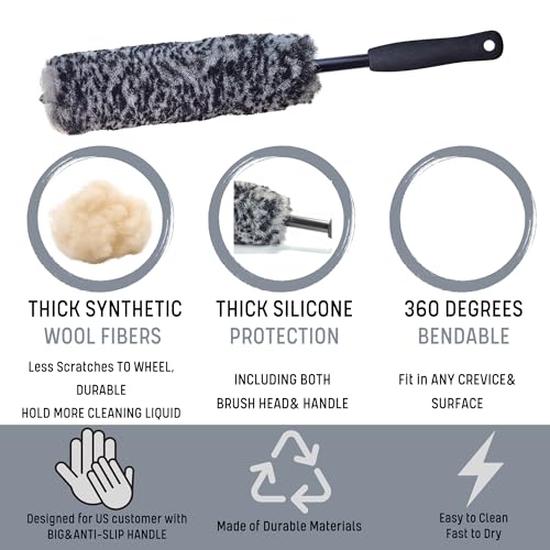 oesee Refined Long Handle Car Wheel Brush Arsenal, Soft Wheel and Rim Brush,Tire Brush, Bendable & Durable Car Wheel Rim Cleaner Brush Kit for Cleaning Wheels and Tires - color: Grey/Black, size: 4-Pack