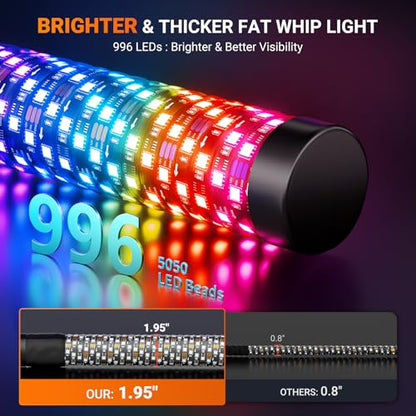 Ehaho 2PCS 4FT Fat Whip Lights for UTV ATV with Spring Base, Led Fatty Whip Light W/Rocker Switch & 6 Flags, Brighter Spiral Chasing Lighted Antenna Whip with APP & Remote Control for RZR SXS Can-Am - size: 4FT-2PCS