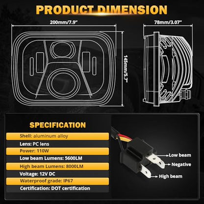Auxbeam 8000LM 5x7 7x6 Headlights For Jeep XJ Cherokee Wrangler, Silver - color: Silver