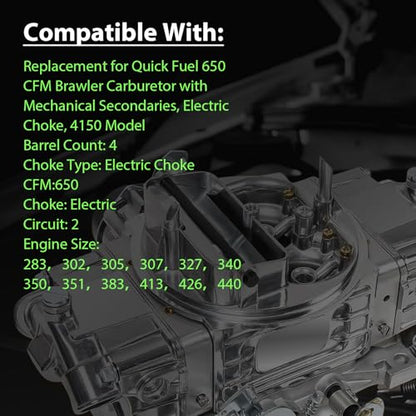 BR-67255 Carburetor 4150 Model 650 CFM 4 Barrel For Holley Quick Fuel Brawler Double-Pumper Carburetor Mechanical Secondary Electric Choke, Square Bore Flange Replace
