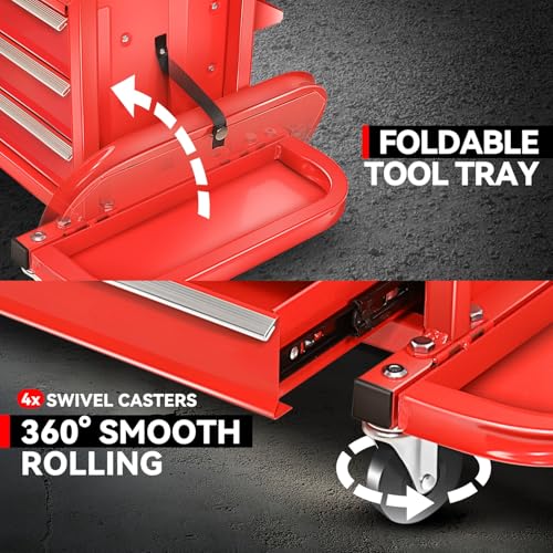 Auto Dynasty Mechanic Rolling Seat, 3-Drawer w/Tool Tray, 350LBS, Red - color: Red