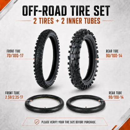 Motocross Tire Set, 70/100-17 Front and 90/100-14 Rear, 2 Tires with 2 Inner Tubes for Electric Dirt Bikes