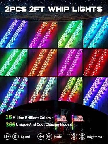 2 Pack 2FT Whip Lights with Spring Base, LED Whip Light with App & Remote Control, Spiral RGB Chasing Lighted Whips with Rocker Switch, Music Whip Light for UTV ATV - size: 2FT