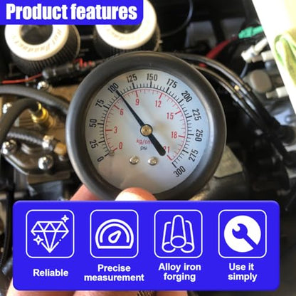 9PCS Petrol Engine Cylinder Compression Tester Kit with Spark Plug Tester, 0-21 Bar & 0-300 PSI Compression Gauge Car and Motorcycle Engine Testing Tool (Red) - color: Red