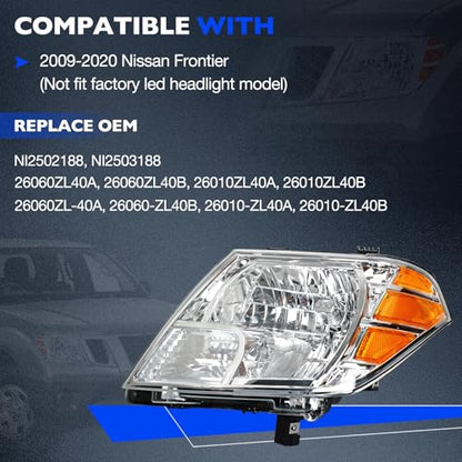Front Headlight Assembly Pair Compatible with 2009-2020 Nissan Frontier - size: 09-20 Frontier Amber