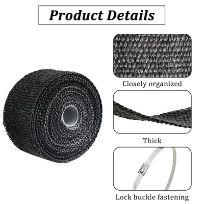 Exhaust Heat Wrap 2in x 16.5ft with 10 Stainless Locking Ties Black