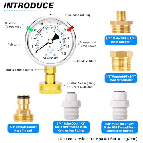 MEANLIN MEASURE 0~100Psi Liquid Filled Pressure Gauge kit Plus 5 adapters Stainless Steel Frame 3/4" Female, 2.5" FACE DIAL Multi-Purpose Pressure Gauge kit, Suitable for Gardens, Water Pipes, etc - size: 0-100Psi (With Fittings)
