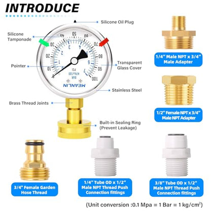 MEANLIN MEASURE 0~100Psi Liquid Filled Pressure Gauge kit Plus 5 adapters Stainless Steel Frame 3/4" Female, 2.5" FACE DIAL Multi-Purpose Pressure Gauge kit, Suitable for Gardens, Water Pipes, etc - size: 0-100Psi (With Fittings)