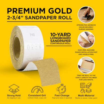 Dura-Gold Gold PSA Longboard Sandpaper, 60 Grit, 20 Yard Roll, 2-3/4" Wide - size: 60-Grit
