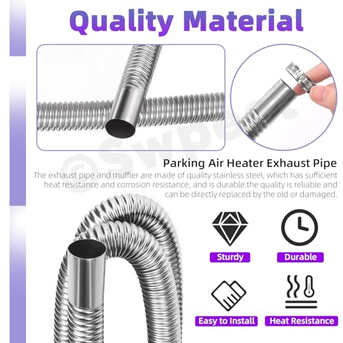 Swpeet 8Pcs 1" x 47"- 25mm x 120cm Stainless Steel Diesel Heater Exhaust Pipe and Exhaust Silencer Muffler with 18mm-29mm Hose Clamps Kit, Fuel Tank Diesel Gas Vent Hose Exhaust Tubing for Car Vehicle - size: 120cm With Exhaust Muffler