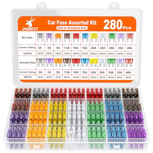 JOREST 280 Pcs Fuse Kit,182 Mini Car Fuses Assortment + 98 Standard Auto Blade Fuse, Replacement for Tool Automtive RV Motorcycle Truck Accessories(2A 3A 5A 7.5A 10A 15A 20A 25A 30A 35A 40AMP) - style: 280pcs Mini & Standard