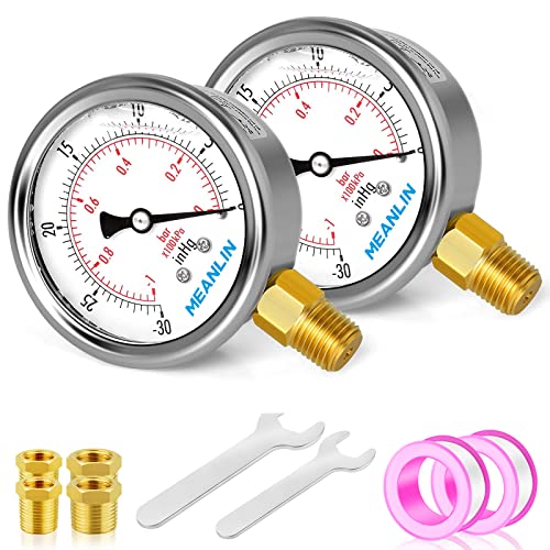 MEANLIN MEASURE -30inHG~0Psi Stainless Steel 1/4" NPT 2.5" FACE DIAL Vacuum Pressure Gauge, Lower Mount (Pack of 2), with 1/2" NPT and 3/8" NPT Hex Bushing - size: -30inHG-0Psi (2Pcs)