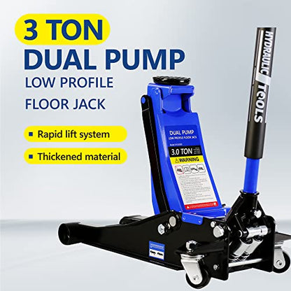 3T Low Profile Steel Floor Jack, 6600 lb, Dual Pump, 3.3"-18.5" Lift, Blue - size: 3T Dual Pump 3.3"-18.5"