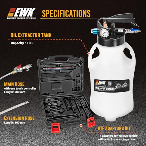 EWK 10L Pneumatic Transmission Fluid Pump, Extract & Refill System with 14 Universal Adapters, Heavy-Duty Fluid Evacuator for Clean, Efficient ATF Service, Ideal for DIY Owners, Technicians - size: 10L