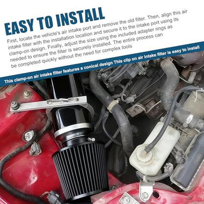 Universal Clamp-On Air Intake Filter, High Flow Closed-Top Cool Air Filter Cleaner, Tapered Cone Design, Washable & Reusable with 76 89 102 mm (3", 3.5", 4") Adapter Rings for Most Vehicles