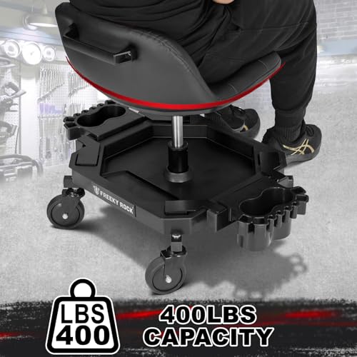 Rolling Stool with Wheels, Adjustable Height Pneumatic Garage Work Mechanic Stool Seat with Backrest, 400 LBS Capacity 360° Swivel Mechanic Crepper Chair with Tool Tray Storage, Black - color: Carbon Fiber Black