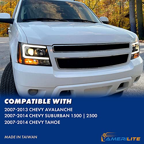 AmeriLite for 2007-2013 Chevy Avalanche Suburban Tahoe Super Bright LED Bar Projector Halogen Black Headlights Pair - Passenger and Driver Side - color: Black LED Bar