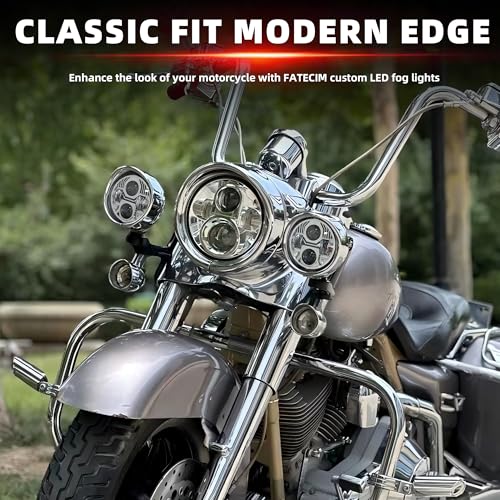 FATECIM 4.5” Motorcycle LED Fog Lights 4 1/2 inch Passing Lamps Driving Auxiliary Lights Spotlights + Housing Bucket with Visor for Harley Honda Kawasaki Suzuki Yamaha Cruiser Chopper Bobber Chrome - color: Chrome