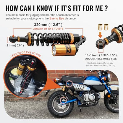 12.6" Universal Motorcycle Rear Air Shock Absorbers Adjustable - color: Gold