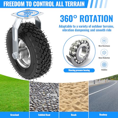 10 Inch Pneumatic Casters Set of 4 (2 Swivel/ 2 Rigid), Heavy Duty Casters, Tolerable 1300 LBS, Rubber Knobby Tread for Workbench, Cart, Trolley, Wagon and Shelves - size: 10 inch