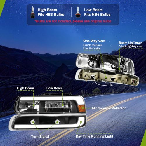 AUTOSAVER88 LED Headlight Assembly Compatible with 99-02 Chevy Silverado - color: Black Amber