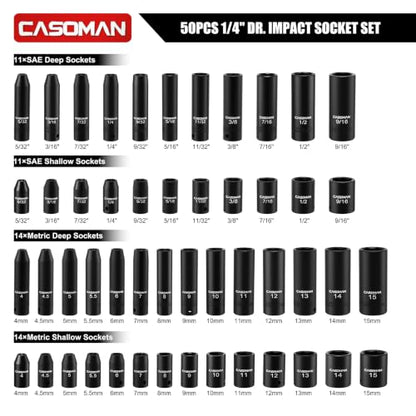 CASOMAN 1/4 Inch Drive Master Impact Socket Set, 50-Piece, 6-Point, SAE/Metric, 5/32 Inch - 9/16 Inch, 4mm - 15mm, Standard/Deep,CR-V - size: 1/4"Dr. Metric & SAE