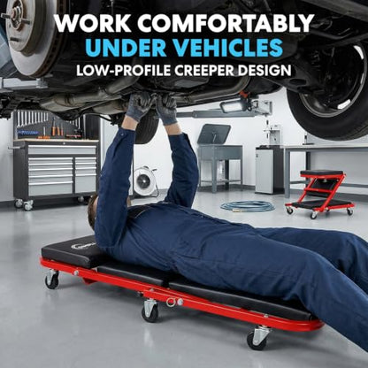 SIMPLI-MAGIC Foldable Z Creeper 2-in-1 Rolling Car Creeper & Seat, Adjustable Roller Garage Chair Lay Down or Sit, 330LBS Capacity Low-Profile Under Car Creeper with 6 Swivel Casters, Red - color: Red