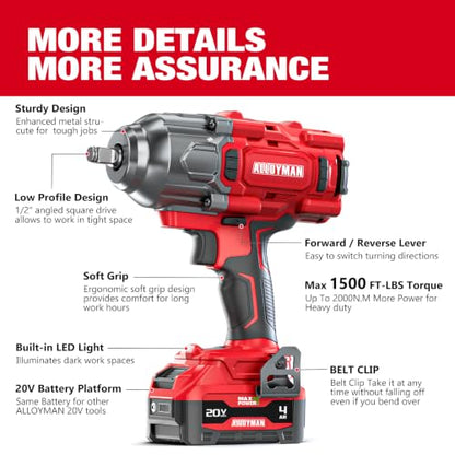 Alloyman Cordless Impact Wrench 1500 FT-LBS(2000N.M),1/2" High Torque - size: 1500Ft-lbs /1x Battery