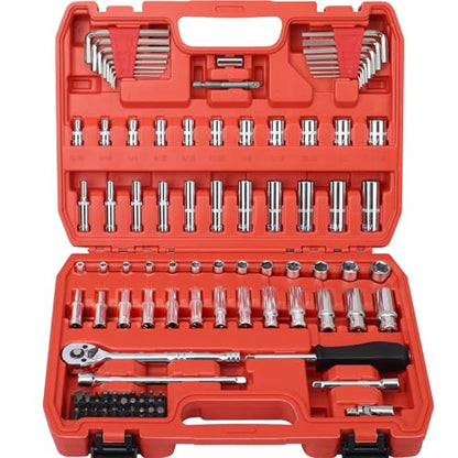 Egofine 1/4”Drive Socket Ratchet Wrench Set,101 PCS Metric(4-14mm),SAE(5/32-9/16”),with 72-Teeth Ratchet Wrench,Bit Socket Set,Extension Bar,Allen wrench for Auto Repair and Household - color: Red, size: 1/4" 101 PCS with 72 Teeth Ratchet