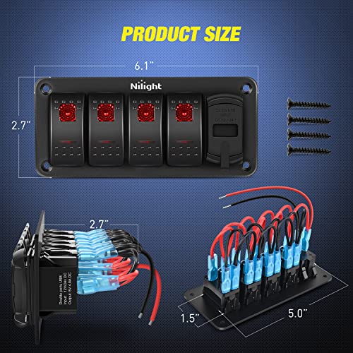 Nilight 4 Gang Rocker Switch Panel with Dual USB Socket Voltmeter - color: Red, size: 5 Gang Dual USB