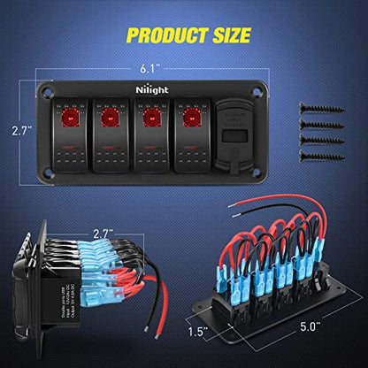 Nilight 4 Gang Rocker Switch Panel with Dual USB Socket Voltmeter - color: Red, size: 5 Gang Dual USB