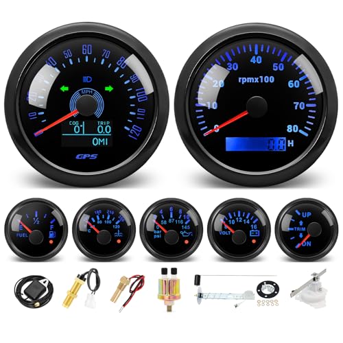 MH 7 Boat Gauge Set - 3-3/8" GPS Speedometer, Tachometer, 2-1/16" Oil Pressure Gauge,Fuel Level,Water Temperature,Voltmeter,Trim Marine Meter Kit Waterproof 7 Color for AUTO (Black) - color: Black
