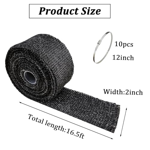 Exhaust Heat Wrap 2in x 16.5ft with 10 Stainless Locking Ties Black