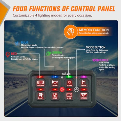 Nilight 8 Gang Switch Panel Red 12V 24V Circuit Control Relay System 4-Mode - color: Red, size: 8 Gang Switch 4 Modes