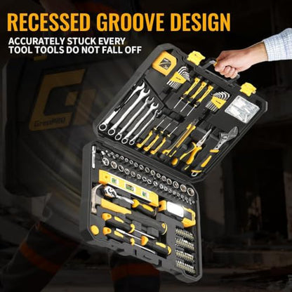GRENPRO 219PCS Basic Home Auto Mechanic Hand Tool Kit with Storage Tool Box - style: Yellow Hand Tool Set 219PC