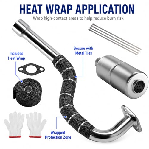Mini Bike Center Exit Exhaust Pipe Kit for FRP GMB100 Series, Runtong OHV 99cc 220cc Engine – Heavy Duty 1.8mm Steel Exhaust System with Muffler & Heat Wrap - size: Center Exit