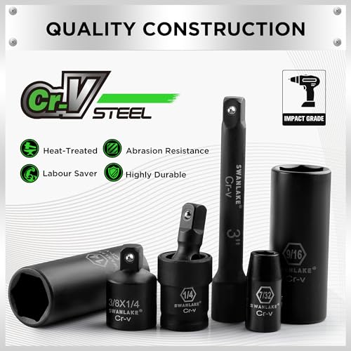 SWANLAKE 1/4" Drive Impact Socket Set, 56-Piece Standard SAE (5/32 to 9/16 inch) and Metric (4-15mm) Size, 6 Point, Cr-V, 1/4-Inch Drive Ratchet Handle, Drive Extension Bar, Impact Universal Joint - style: 1/4'' 56PCS