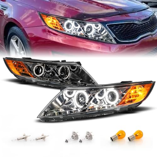 AmeriLite for 2011-2015 Kia Optima Halogen Model Xtreme LED Halos Gun-Metal Replacement Projector Headlights Set - Driver and Passenger Side - color: Gun Metal