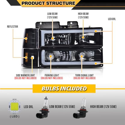 CNNELL Headlights Bumper & Corner Light LED DRL Fit Chevy/GMC 1994-1999 - size: Fit Chevy/GMC 1992-1999