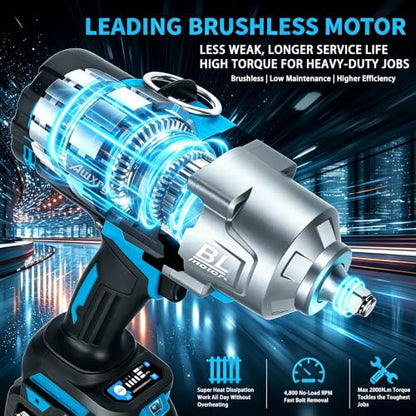 AwxryoX 2000Nm Cordless Impact Gun, 1/2" Impact Wrench 2 x 6.0Ah Battery