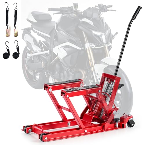 VEVOR Hydraulic Motorcycle Lift Jack, 1500 lbs Capacity, ATV Lift Jack Portable Motorcycle Hoist Stand with 4 Wheels, 4.5"-15.2" Height Range, Hydraulic Foot-Operated Hoist Stand for ATVs, Dirt Bikes - color: Red