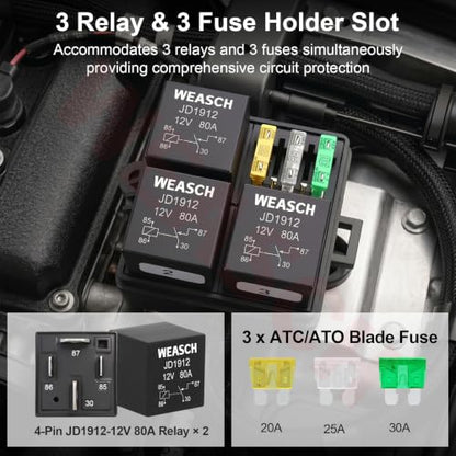 12V 3 Way Pre-Wired Fuse Relay Box Kit with 3 x 4-Pin 80A Relays - size: 80A 3 Relay 3 Fuses, style: Pre-Wired