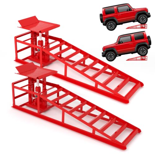 2 PCS Hydraulic Car Ramps 11050LBS 5T Heavy Duty Car Ramp with Hydraulic Jack, Red - color: Red
