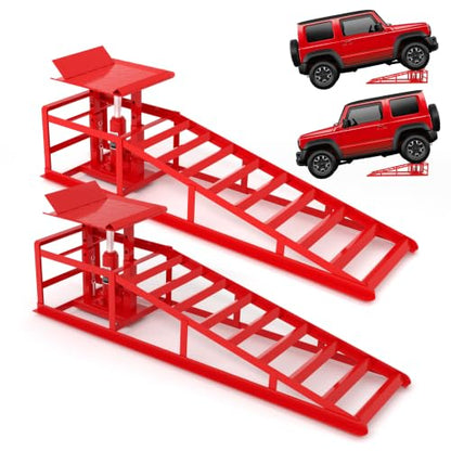 2 PCS Hydraulic Car Ramps 11050LBS 5T Heavy Duty Car Ramp with Hydraulic Jack, Red - color: Red