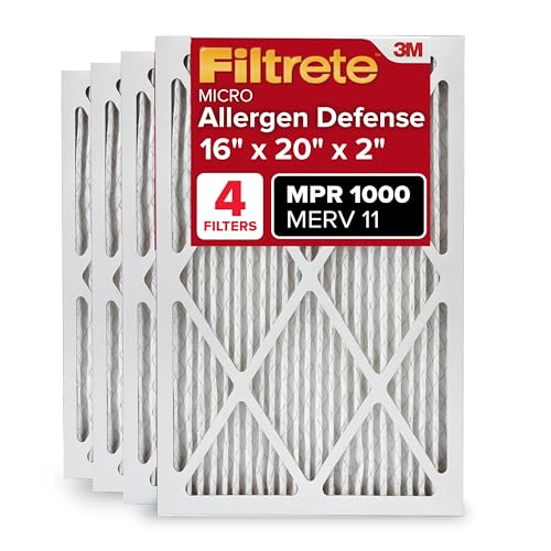 Filtrete 16x20x2 AC Furnace Air Filter, MERV 11, MPR 1000, Allergen Defense, 3-Month Pleated 2-Inch Electrostatic Air Cleaning Filter, 4 Pack (Actual Size 15.5 x 19.5 x 1.75 in) - size: 16x20x2