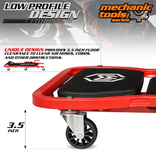 M-AUTO Heavy-Duty Automotive Creeper with 3-leves Adjustable Headrest, 42.5" Padded Metal Frame Creeper with Tools Tray for Garage Shop, 6 Noiseless Casters 300LBS Capacity, Red
