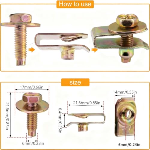 100PCS M6-1.0 Body Bolts & U Nuts Kits for Engine Cover Bumper Fender Liner, Metal Rust-Resistant Automotive Body Screws Clips (50 Sets), Gold - color: Gold