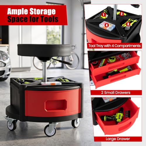 Goplus Rolling Mechanic Stool with Cushioned Seat, 3 Drawers - color: Red, size: Tool Chest