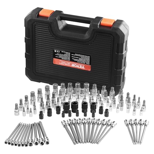 VEVOR Bit Socket Set, 107-Piece SAE and Metric, Hex/Torx/External Torx/Tamper-Proof/Extra Long, S2 Alloy Steel and Cr-V Steel, 1/4 in, 3/8 in, and 1/2 in Drives, with Enhanced Storage Case, Hand Use - size: 107 PCS
